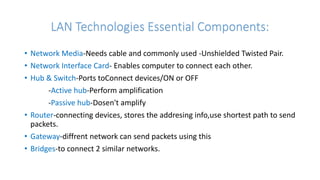 LAN Technologies Essential Components:
• Network Media-Needs cable and commonly used -Unshielded Twisted Pair.
• Network Interface Card- Enables computer to connect each other.
• Hub & Switch-Ports toConnect devices/ON or OFF
-Active hub-Perform amplification
-Passive hub-Dosen't amplify
• Router-connecting devices, stores the addresing info,use shortest path to send
packets.
• Gateway-diffrent network can send packets using this
• Bridges-to connect 2 similar networks.
 