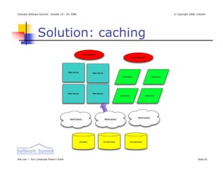 Colorado Software Summit: October 19 – 24, 2008   © Copyright 2008, Linkedin




                Solution: caching




Ikai Lan — Your Language Doesn’t Scale                               Slide 45
 
