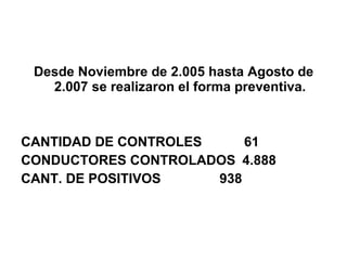Desde Noviembre de 2.005 hasta Agosto de 2.007 se realizaron el forma preventiva. CANTIDAD DE CONTROLES   61 CONDUCTORES CONTROLADOS 4.888 CANT. DE POSITIVOS   938 