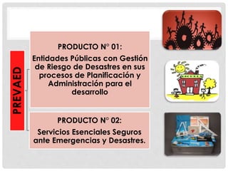 PREVAED
PRODUCTO N° 01:
Entidades Públicas con Gestión
de Riesgo de Desastres en sus
procesos de Planificación y
Administración para el
desarrollo
PRODUCTO N° 02:
Servicios Esenciales Seguros
ante Emergencias y Desastres.
 