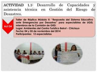 ACTIVIDAD 1.1: Desarrollo de Capacidades y
asistencia técnica en Gestión del Riesgo de
Desastres.
Act 04
Taller de Réplica Módulo II: “Respuesta del Sistema Educativo
ante Emergencias por Desastres” para especialistas de UGEL
miembros de la Comisión de GRD:
Lugar: Ambientes del Centro Turístico Beirut - Chiclayo
Fecha: 04 y 05 de noviembre del 2014
Participantes: 12 especialistas
 