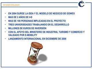 EN 2004 SURGE LA IDEA Y EL MODELO DE NEGOCIO DE GOWEX MAS DE 2 AÑOS DE I+D MAS DE 100 PERSONAS IMPLICADAS EN EL PROYECTO TRES UNIVERSIDADES TRABAJANDO EN EL DESARROLLO MILLONES DE EUROS DE INVERSIÓN CON EL APOYO DEL MINISTERIO DE INDUSTRIA, TURISMO Y COMERCIO Y VALIDADO POR E-MOBILITY LANZAMIENTO INTERNACIONAL EN DICIEMBRE DE 2006 ESFUERZO REALIZADO 