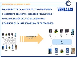 BENEFICIOS PARA LOS MIEMBROS DE GOWEX  INCREMENTO DE LAS REDES DE LOS OPERADORES INCREMENTO DEL ARPU + INGRESOS POR ROAMING RACIONALIZACIÓN DEL USO DEL ESPECTRO EFICIENCIA EN LA INTERCONEXIÓN DE OPERADORES VENTAJAS WISP WISP ISP ISP ISP WISP WISP ISP ISP ISP INTERCONEXIÓN  EN UN SÓLO PUNTO  