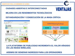 BENEFICIOS PARA LOS MIEMBROS DE GOWEX  CIUDADES ABIERTAS E INTERCONECTADAS MEJORA EN LOS RENDIMIENTOS TECNOLÓGICOS ESTANDARIZACIÓN Y CONSECUCIÓN DE LA MASA CRÍTICA LA PLATAFORMA DE PUBLICIDAD INCREMENTA EL VALOR AÑADIDO  EN LAS REDES WIRELESS.  ADEMÁS DE GENERAR INGRESOS PARA LOS OPERADORES VENTAJAS MUNFIS UNIVERSIDADES 