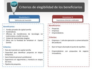 Criterios de elegibilidad de los beneficiarios

                      Modalidad A                                     Modalidad B
                 Vehículos de Inversión                       Inversiones directas sindicadas

                                                    Beneficiarios:
Beneficiarios:
                                                     Proyectos
 Fondos privados de capital semilla
                                                     Empresas
 Aceleradoras
                                                     Emprendedores
 Oficinas de transferencia de tecnología sin
  restricciones a recibir recursos
 Clubes de inversionistas ángeles                  Criterios:
 Otras con la finalidad de fortalecer el Capital   •   Empresas < 1 año de operación o comercialización
  Semilla                                               del producto.

Criterios:                                          •   Que no hayan alcanzado el punto de equilibro.
• Tesis de inversión en capital semilla.
                                                    •   Emprendedores con propuestas de negocio
• Capacidad para identificar proyectos en etapas        innovadoras.
  tempranas.
• Sano historial personal y profesional.
• Experiencia en seguimiento y mentoría en etapas
  de inicio.
• Pipeline de proyectos.
 