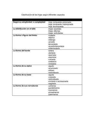 Clasificación de las hojas según diferentes aspectos
Según su simplicidad o complejidad -hoja compuesta peripinada
-hoja compuesta imparipinada
-hoja recompuesta
La distribución en el tallo -hojas opuestas
-hojas alternas
-hojas verticiladas
La forma o figura del limbo -ovalada
-elíptica
-oblonga
-aovada
-lanceolada
-aovada-lanceolada
-oblanceolada
La forma del borde -entera
-dentada
-aserrada
-espinosa
-crenada
-ondeacia
-ondulada
La forma de su ápice -agudo
-acuminado
-obtuso
-redondeado
La forma de su base -aguda
-cuneada
-redondeada
-cordada o acorazonada
-sagitada
La forma de sus nervaduras -uninervia
-paralelinervia
-curvinervia
-pinnatinervia
-palminervia
 