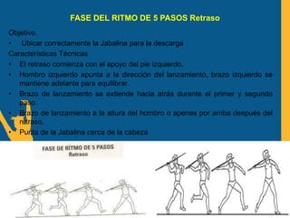 FASE DEL RITMO DE 5 PASOS Retraso
Objetivo.
• Ubicar correctamente la Jabalina para la descarga
Características Técnicas
• El retraso comienza con el apoyo del pie izquierdo.
• Hombro izquierdo apunta a la dirección del lanzamiento, brazo izquierdo se
mantiene adelante para equilibrar.
• Brazo de lanzamiento se extiende hacia atrás durante el primer y segundo
paso.
• Brazo de lanzamiento a la altura del hombro o apenas por arriba después del
retraso.
• Punta de la Jabalina cerca de la cabeza
 
