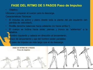 FASE DEL RITMO DE 5 PASOS Paso de Impulso
• Objetivo
Ubicarse y preparar el cuerpo para la descarga.
Características Técnicas
• El impulso es activo y plano desde toda la planta del pie izquierdo (sin
pérdida de velocidad!).
• Rodilla derecha balancea hacia adelante (no hacia arriba !).
• El cuerpo se inclina hacia atrás: piernas y tronco se “adelantan” a la
jabalina.
• Hombro izquierdo y cabeza en dirección al lanzamiento.
• Brazo de lanzamiento y eje del hombro están paralelos
• El paso de impulso es más largo que el de descarga.
 