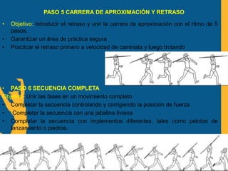 PASO 5 CARRERA DE APROXIMACIÓN Y RETRASO
• Objetivo: Introducir el retraso y unir la carrera de aproximación con el ritmo de 5
pasos.
• Garantizar un área de práctica segura
• Practicar el retraso primero a velocidad de caminata y luego trotando
• PASO 6 SECUENCIA COMPLETA
Objetivo: Unir las fases en un movimiento completo
• Completar la secuencia controlando y corrigiendo la posición de fuerza
• Completar la secuencia con una jabalina liviana
• Completar la secuencia con implementos diferentes, tales como pelotas de
lanzamiento o piedras.
 