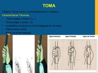 TOMA
Objetivo Tomar firme y confortablemente la Jabalina.
Características Técnicas.
• Toma pulgar e índice (1), o
• Toma pulgar y mayor. (2)
• La jabalina se apoya en forma diagonal en la mano.
• Palma hacia arriba.
• Mano de toma relajada.
 