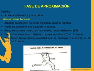 FASE DE APROXIMACIÓN
Objetivo
• Acelerar el lanzador y la jabalina
Características Técnicas
• Jabalina se sostiene en forma horizontal sobre el hombro.
• Punta de la jabalina a la altura de la cabeza.
• Brazo se sostiene quieto (sin movimiento hacia adelante o atrás).
• Carrera de aceleración relajada, controlada y rítmica (6 – 12 pasos).
• Aceleración hasta óptima velocidad que se mantiene o aumenta en el
ritmo de 5 pasos.
 