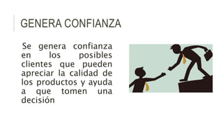 GENERA CONFIANZA
Se genera confianza
en los posibles
clientes que pueden
apreciar la calidad de
los productos y ayuda
a que tomen una
decisión
 
