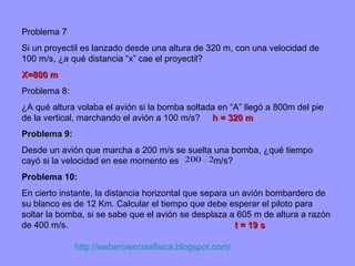 Problema 7 Si un proyectil es lanzado desde una altura de 320 m, con una velocidad de 100 m/s, ¿a qué distancia “x” cae el proyectil? X=800 m Problema 8: ¿A qué altura volaba el avión si la bomba soltada en “A” llegó a 800m del pie de la vertical, marchando el avión a 100 m/s?  h = 320 m Problema 9: Desde un avión que marcha a 200 m/s se suelta una bomba, ¿qué tiempo cayó si la velocidad en ese momento es  m/s? Problema 10: En cierto instante, la distancia horizontal que separa un avión bombardero de su blanco es de 12 Km. Calcular el tiempo que debe esperar el piloto para soltar la bomba, si se sabe que el avión se desplaza a 605 m de altura a razón de 400 m/s. t = 19 s http:// webercienciasfisica.blogspot.com / 