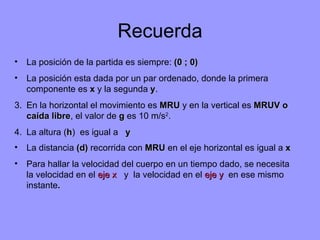 Recuerda La posición de la partida es siempre:  (0 ; 0) La posición esta dada por un par ordenado, donde la primera componente es  x  y la segunda  y .   3. En la horizontal el movimiento es  MRU  y en la vertical es  MRUV o caída libre , el valor de  g  es 10 m/s 2 . 4.  La altura ( h )  es igual a  y La distancia  (d)  recorrida con  MRU  en el eje horizontal es igual a  x   Para hallar la velocidad del cuerpo en un tiempo dado, se necesita la velocidad en el   eje x   y  la velocidad en el   eje y   en ese mismo instante . 