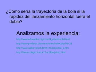 ¿Cómo sería la trayectoria de la bola si la rapidez del lanzamiento horizontal fuera el doble? Analizamos la experiencia: http://www.educaplus.org/movi/4_4thorizontal.html http://www.profisica.cl/animaciones/index.php?id=24 http://www.walter-fendt.de/ph11s/projectile_s.htm http://fisica.colegio.fcaq.k12.ec/jfborja/mp.html 