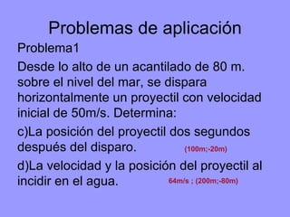 Problemas de aplicación Problema1 Desde lo alto de un acantilado de 80 m. sobre el nivel del mar, se dispara horizontalmente un proyectil con velocidad inicial de 50m/s. Determina: La posición del proyectil dos segundos después del disparo.  La velocidad y la posición del proyectil al incidir en el agua. (100m;-20m) 64m/s ; (200m;-80m) 