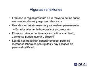 Algunas reflexiones
•  Este año la región presentó en la mayoría de los casos
avances modestos y algunos retrocesos
•  Grandes temas sin resolver y se vuelven permanentes:
–  Estados altamente burocráticos y corrupción
•  El sector privado no tiene acceso a financiamiento,
¿cómo se puede invertir y crecer?
•  Los países necesitan generar empleo, pero los
mercados laborales son rígidos y hay escasez de
personal calificado
 