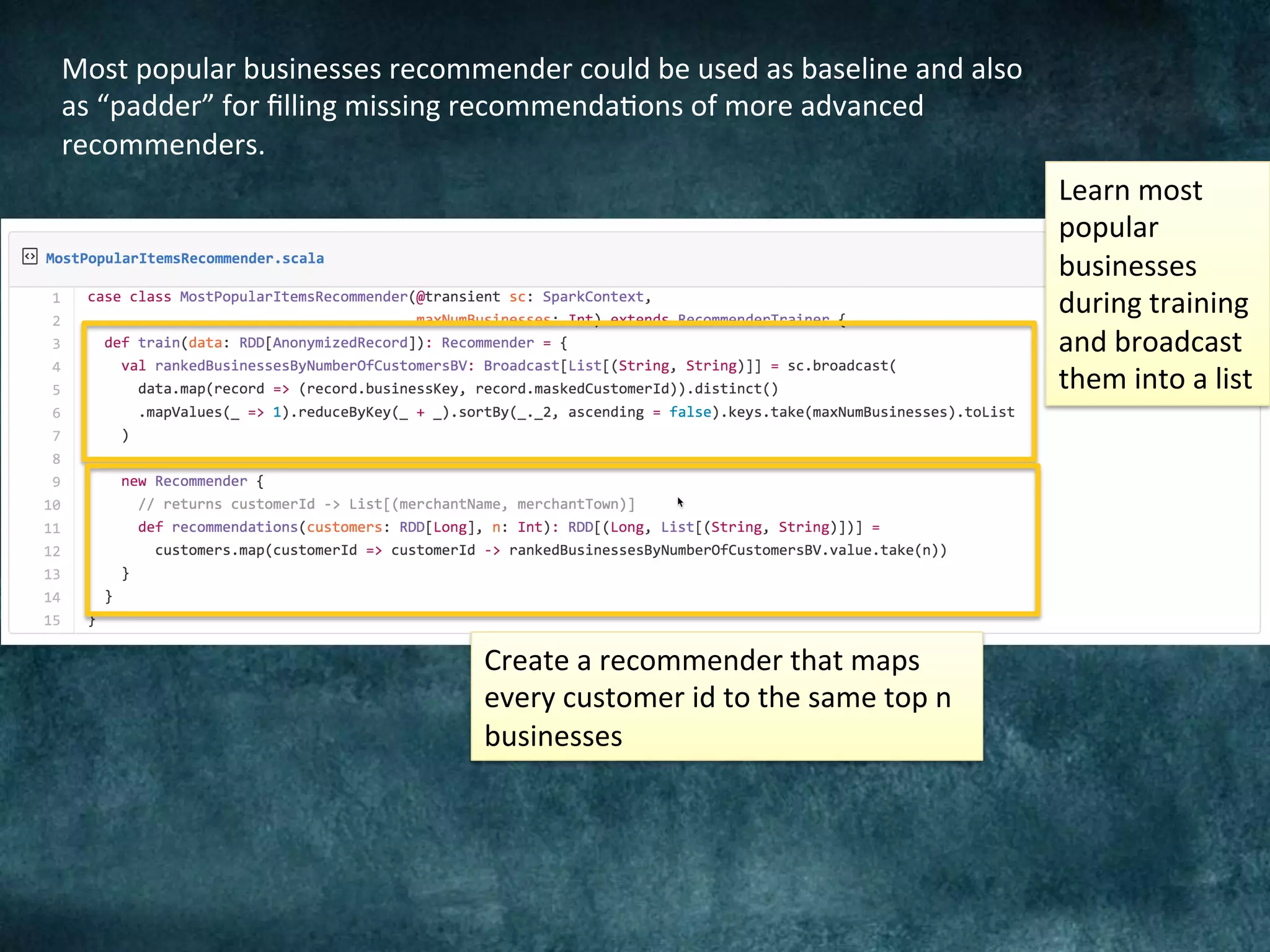 Most Popular Businesses
Learn	most	
popular	
businesses	
during	training	
and	broadcast	
them	into	a	list	
Create	a	recommender	that	maps	
every	customer	id	to	the	same	top	n	
businesses	
Most	popular	businesses	recommender	could	be	used	as	baseline	and	also	
as	“padder”	for	ﬁlling	missing	recommenda@ons	of	more	advanced	
recommenders.	
 