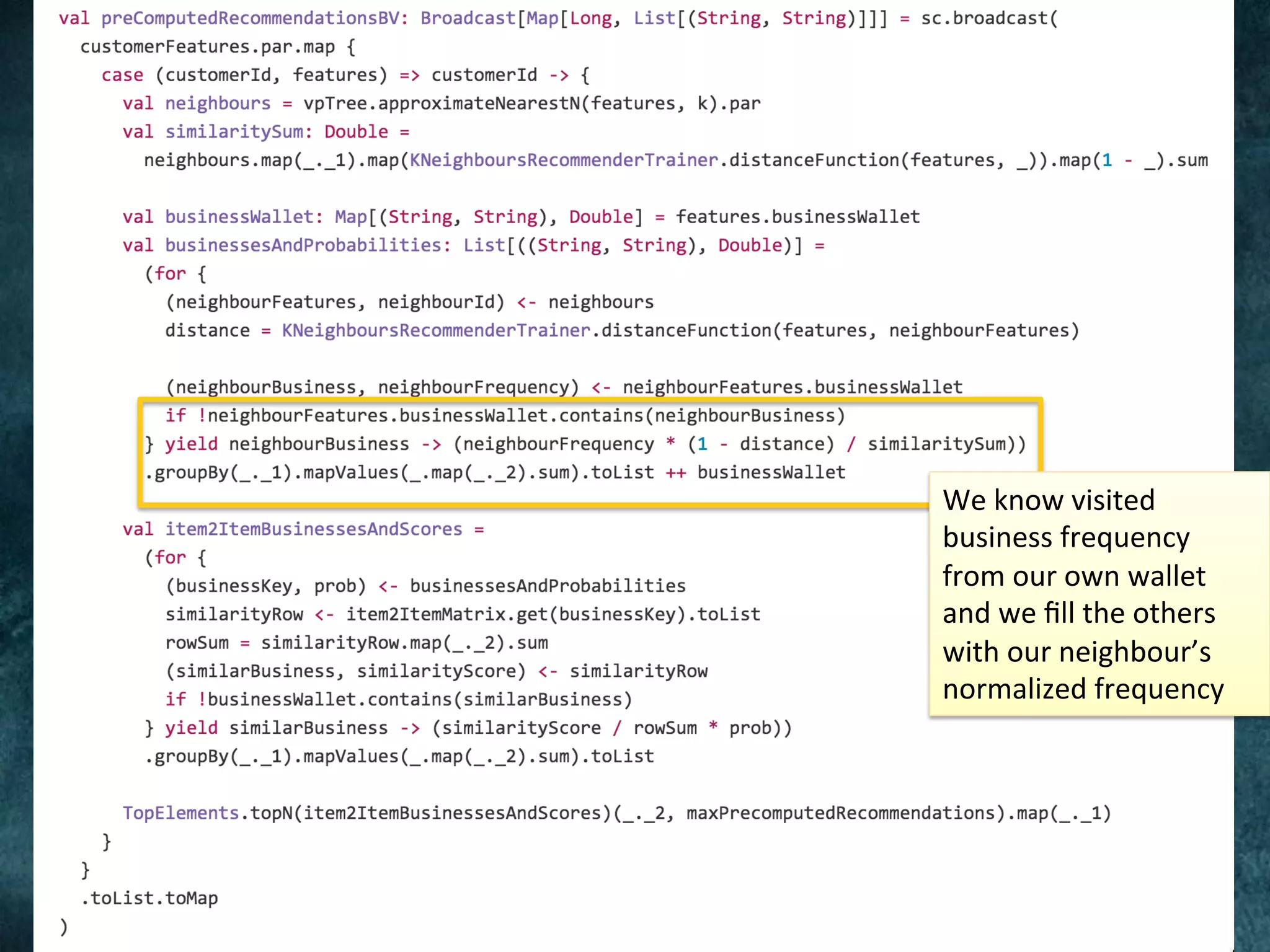 We	know	visited	
business	frequency	
from	our	own	wallet	
and	we	ﬁll	the	others	
with	our	neighbour’s	
normalized	frequency	
 
