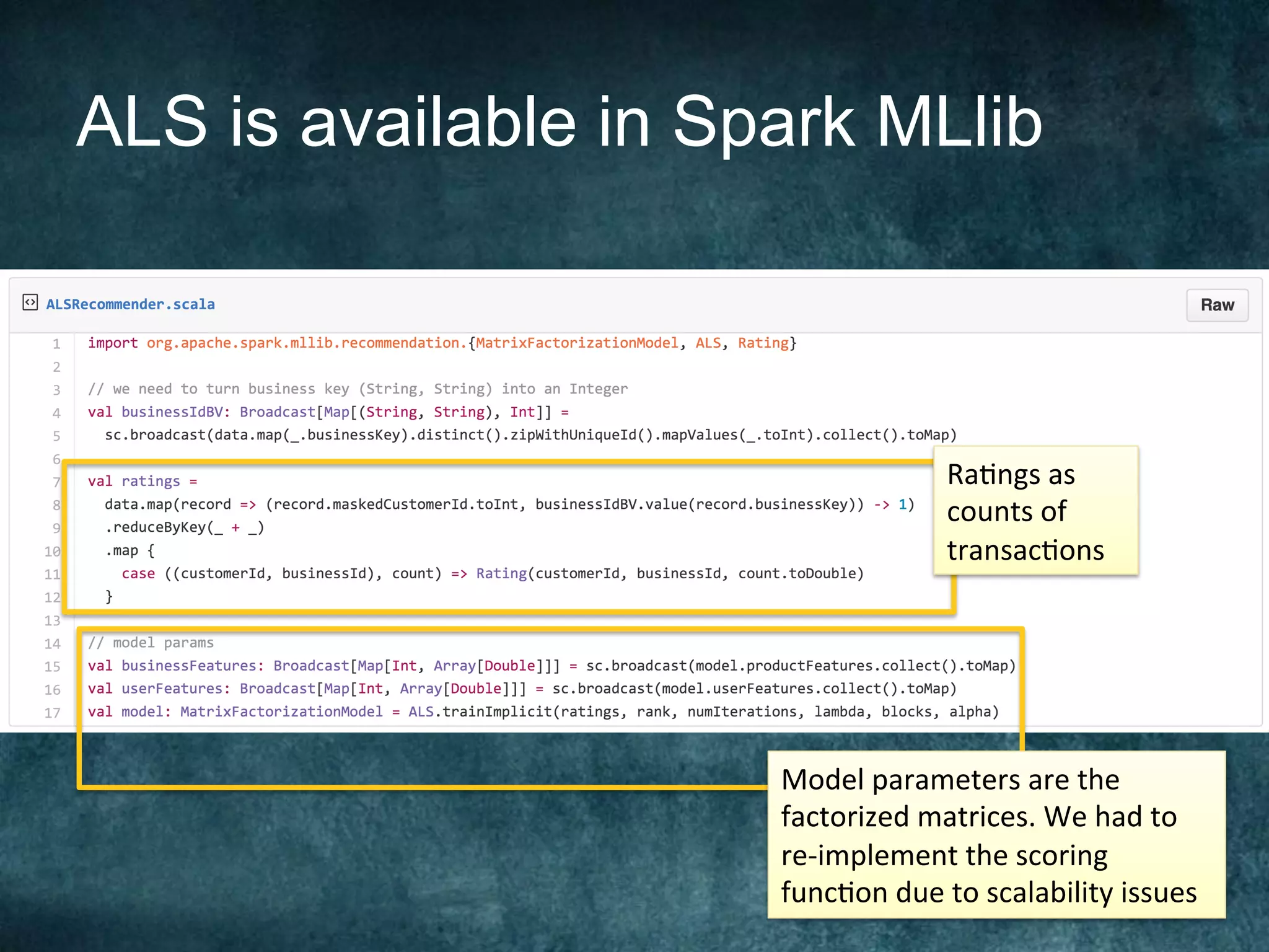 ALS is available in Spark MLlib
Ra@ngs	as	
counts	of	
transac@ons	
Model	parameters	are	the	
factorized	matrices.	We	had	to	
re-implement	the	scoring	
func@on	due	to	scalability	issues	
 