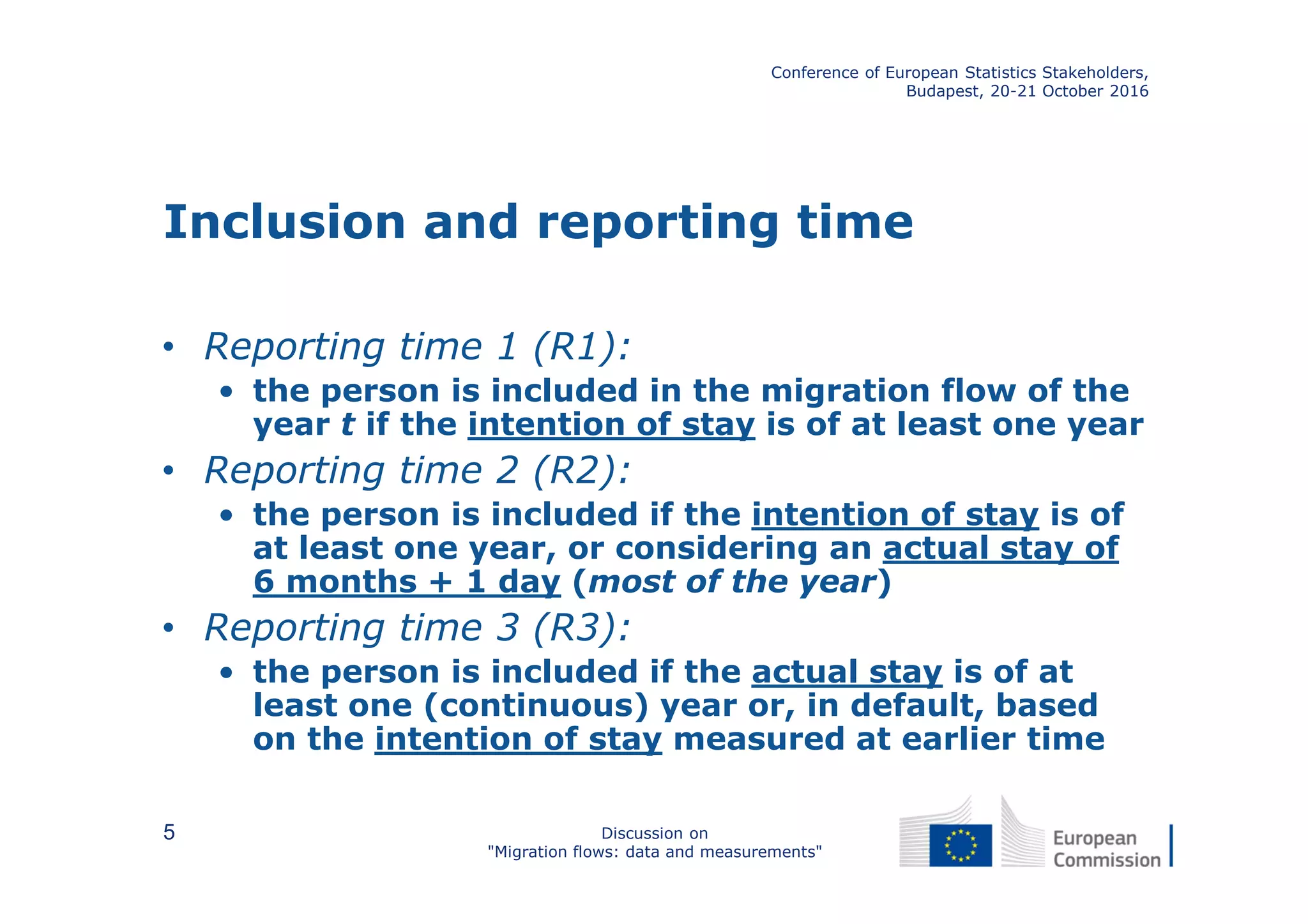 Inclusion and reporting time
• Reporting time 1 (R1):
• the person is included in the migration flow of the
year t if the intention of stay is of at least one year
• Reporting time 2 (R2):
• the person is included if the intention of stay is of
at least one year, or considering an actual stay of
6 months + 1 day (most of the year)
• Reporting time 3 (R3):
• the person is included if the actual stay is of at
least one (continuous) year or, in default, based
on the intention of stay measured at earlier time
Conference of European Statistics Stakeholders,
Budapest, 20-21 October 2016
Discussion on
"Migration flows: data and measurements"
5
 