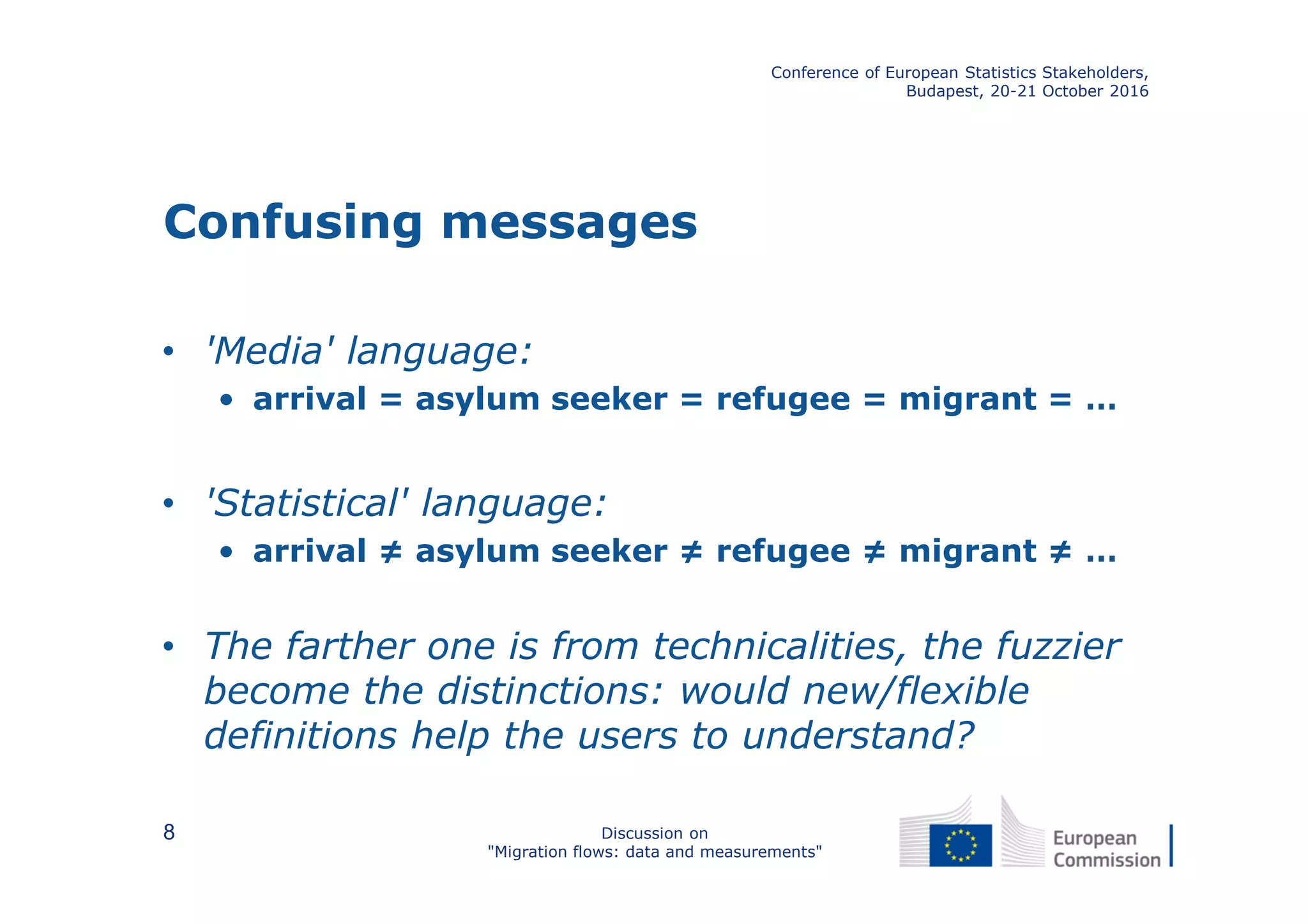 Confusing messages
• 'Media' language:
• arrival = asylum seeker = refugee = migrant = …
• 'Statistical' language:
• arrival ≠ asylum seeker ≠ refugee ≠ migrant ≠ …
• The farther one is from technicalities, the fuzzier
become the distinctions: would new/flexible
definitions help the users to understand?
Conference of European Statistics Stakeholders,
Budapest, 20-21 October 2016
Discussion on
"Migration flows: data and measurements"
8
 