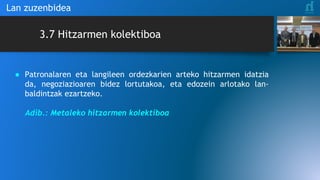 3.7 Hitzarmen kolektiboa
Lan zuzenbidea
● Patronalaren eta langileen ordezkarien arteko hitzarmen idatzia
da, negoziazioaren bidez lortutakoa, eta edozein arlotako lan-
baldintzak ezartzeko.
Adib.: Metaleko hitzarmen kolektiboa
 