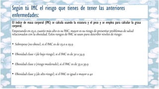 Según tú IMC el riesgo que tienes de tener las anteriores
enfermedades:
El índice de masa corporal (IMC) se calcula usando la estatura y el peso y se emplea para calcular la grasa
corporal.
Empezando en 25.0, cuanto más alto es su IMC, mayor es su riesgo de presentar problemas de salud
relacionados con la obesidad. Estos rangos de IMC se usan para describir niveles de riesgo:
• Sobrepeso (no obeso), si el IMC es de 25.0 a 29.9
• Obesidad clase 1 (de bajo riesgo), si el IMC es de 30 a 34.9
• Obesidad clase 2 (riesgo moderado), si el IMC es de 35 a 39.9
• Obesidad clase 3 (de alto riesgo), si el IMC es igual o mayor a 40
 