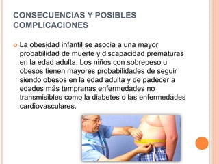 CONSECUENCIAS Y POSIBLES
COMPLICACIONES
 La obesidad infantil se asocia a una mayor
probabilidad de muerte y discapacidad prematuras
en la edad adulta. Los niños con sobrepeso u
obesos tienen mayores probabilidades de seguir
siendo obesos en la edad adulta y de padecer a
edades más tempranas enfermedades no
transmisibles como la diabetes o las enfermedades
cardiovasculares.
 