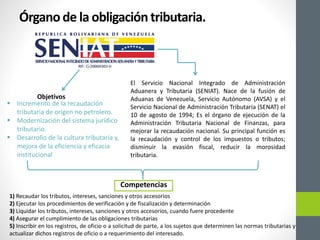 Órgano de la obligación tributaria.
El Servicio Nacional Integrado de Administración
Aduanera y Tributaria (SENIAT). Nace de la fusión de
Aduanas de Venezuela, Servicio Autónomo (AVSA) y el
Servicio Nacional de Administración Tributaria (SENAT) el
10 de agosto de 1994; Es el órgano de ejecución de la
Administración Tributaria Nacional de Finanzas, para
mejorar la recaudación nacional. Su principal función es
la recaudación y control de los impuestos o tributos;
disminuir la evasión fiscal, reducir la morosidad
tributaria.
Objetivos
 Incremento de la recaudación
tributaria de origen no petrolero.
 Modernización del sistema jurídico
tributario.
 Desarrollo de la cultura tributaria y,
mejora de la eficiencia y eficacia
institucional
Competencias
1) Recaudar los tributos, intereses, sanciones y otros accesorios
2) Ejecutar los procedimientos de verificación y de fiscalización y determinación
3) Liquidar los tributos, intereses, sanciones y otros accesorios, cuando fuere procedente
4) Asegurar el cumplimiento de las obligaciones tributarias
5) Inscribir en los registros, de oficio o a solicitud de parte, a los sujetos que determinen las normas tributarias y
actualizar dichos registros de oficio o a requerimiento del interesado.
 
