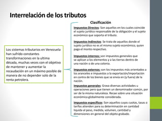 Interrelaciónde los tributos
Los sistemas tributarios en Venezuela
han sufrido constantes
transformaciones en la ultima
década, muchas veces con el objetivo
de mantener y aumentar la
recaudación en un máximo posible de
manera de no depender solo de la
renta petrolera.
Clasificación
Impuestos Directos: Son aquellos en los cuales coincide
el sujeto jurídico responsable de la obligación y el sujeto
económico que soporta el tributo.
Impuestos Indirectos: Se trata de aquellos donde el
sujeto jurídico no es el mismo sujeto económico, quien
paga el monto respectivo.
Impuestos internos: son impuestos generales que
se aplican a los elementos y a las tierras dentro de
una nación o de una colonia.
Impuestos externos: son los impuestos más orientados a
los aranceles e impuestos a la exportación/importación
en contra de los bienes que se envía en (y fuera) de la
nación.
Impuestos generales: Grava diversas actividades u
operaciones pero que tienen un denominador común, por
ser de la misma naturaleza. Recae sobre una situación
económica globalmente considerada.
Impuestos específicos: Son aquellos cuyas cuotas, tasas o
tarifas atienden para su determinación en cantidad
liquida al peso, medida, volumen, cantidad y
dimensiones en general del objeto grabado.
 