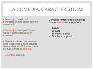 LA COMEDIA: CARACTERÍSTICAS
- Personajes “inferiores”,
portadores de una acción carente
de elevación
- Personajes son “tipos”, cuyos
vicios y extravagancias son
extremos.
- El receptor debe concentrarse
en lo inesperado o en lo estúpido
de una situación. Entonces la risa
produce un tipo de catarsis.
- Desenlace positivo.
Comedias famosas del dramaturgo
francés Moliere en el siglo XVII:
- Tartufo
- El avaro
- El médico a palos
- El enfermo imginario
 