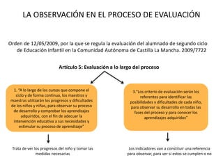 LA OBSERVACIÓN EN EL PROCESO DE EVALUACIÓN
Orden de 12/05/2009, por la que se regula la evaluación del alumnado de segundo ciclo
de Educación Infantil en la Comunidad Autónoma de Castilla La Mancha. 2009/7722
Artículo 5: Evaluación a lo largo del proceso
1. “A lo largo de los cursos que compone el
ciclo y de forma continua, los maestros y
maestras utilizarán los progresos y dificultades
de los niños y niñas, para observar su proceso
de desarrollo y comprobar los aprendizajes
adquiridos, con el fin de adecuar la
intervención educativa a sus necesidades y
estimular su proceso de aprendizaje”
3."Los criterio de evaluación serán los
referentes para identificar las
posibilidades y dificultades de cada niño,
para observar su desarrollo en todas las
fases del proceso y para conocer los
aprendizajes adquiridos”
Trata de ver los progresos del niño y tomar las
medidas necesarias
Los indicadores van a constituir una referencia
para observar, para ver si estos se cumplen o no
 