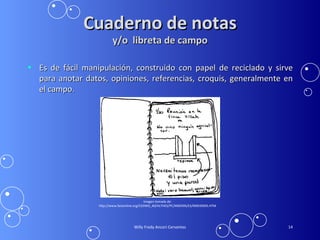Cuaderno de notas y/o  libreta de campo Es de fácil manipulación, construido con papel de reciclado y sirve para anotar datos, opiniones, referencias, croquis, generalmente en el campo. Willy Fredy Ancori Cervantes Imagen tomada de: http://www.fastonline.org/CD3WD_40/HLTHES/PC/M0039S/ES/M0039S05.HTM 
