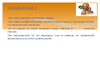 DESVENTAJAS 2: No sirve para estudiar muestras grandes No ofrece información sobre acontecimientos pasados, actividades futuras o manifestaciones subjetivas Si la persona se siente observada puede cambiar su  conducta habitual El procesamiento de los resultados, por la variedad de información recolectada, es de difícil cuantificación. 