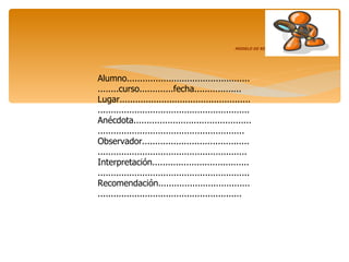 MODELO DE REGISTRO ANECD Ó TICO   Alumno.......................................................curso.............fecha.................. Lugar............................................................................................................ Anécdota..................................................................................................... Observador.................................................................................................. Interpretación............................................................................................... Recomendación.......................................................................................... 
