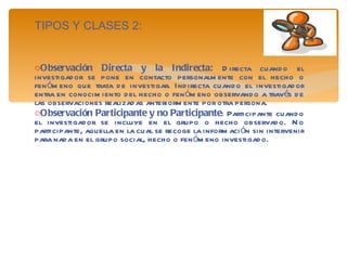 TIPOS Y CLASES 2: Observación Directa y la Indirecta:  Directa cuando el investigador se pone en contacto personalmente con el hecho o fenómeno que trata de investigar. Indirecta cuando el investigador entra en conocimiento del hecho o fenómeno observando a través de las observaciones realizadas anteriormente por otra persona.  Observación Participante y no Participante : Participante cuando el investigador se incluye en el grupo o hecho observado. No participante, aquella en la cual se recoge la información sin intervenir para nada en el grupo social, hecho o fenómeno investigado. 
