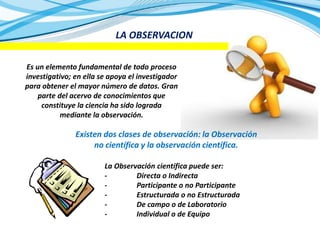 LA OBSERVACION
Es un elemento fundamental de todo proceso
investigativo; en ella se apoya el investigador
para obtener el ...
