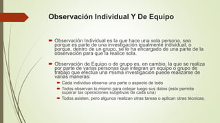 Observación Individual Y De Equipo
 Observación Individual es la que hace una sola persona, sea
porque es parte de una investigación igualmente individual, o
porque, dentro de un grupo, se le ha encargado de una parte de la
observación para que la realice sola.
 Observación de Equipo o de grupo es, en cambio, la que se realiza
por parte de varias personas que integran un equipo o grupo de
trabajo que efectúa una misma investigación puede realizarse de
varias maneras:
 Cada individuo observa una parte o aspecto de todo
 Todos observan lo mismo para cotejar luego sus datos (esto permite
superar las operaciones subjetivas de cada una)
 Todos asisten, pero algunos realizan otras tareas o aplican otras técnicas.
 