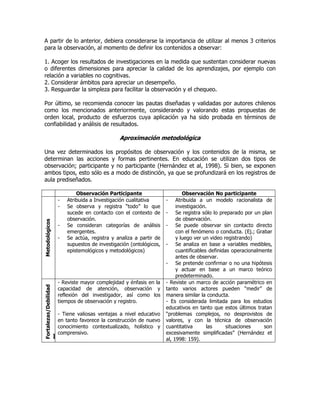 A partir de lo anterior, debiera considerarse la importancia de utilizar al menos 3 criterios
para la observación, al momento de definir los contenidos a observar:
1. Acoger los resultados de investigaciones en la medida que sustentan considerar nuevas
o diferentes dimensiones para apreciar la calidad de los aprendizajes, por ejemplo con
relación a variables no cognitivas.
2. Considerar ámbitos para apreciar un desempeño.
3. Resguardar la simpleza para facilitar la observación y el chequeo.
Por último, se recomienda conocer las pautas diseñadas y validadas por autores chilenos
como los mencionados anteriormente, considerando y valorando estas propuestas de
orden local, producto de esfuerzos cuya aplicación ya ha sido probada en términos de
confiabilidad y análisis de resultados.
Aproximación metodológica
Una vez determinados los propósitos de observación y los contenidos de la misma, se
determinan las acciones y formas pertinentes. En educación se utilizan dos tipos de
observación; participante y no participante (Hernández et al, 1998). Si bien, se exponen
ambos tipos, esto sólo es a modo de distinción, ya que se profundizará en los registros de
aula prediseñados.
Observación Participante Observación No participante
Metodológicos
- Atribuida a Investigación cualitativa
- Se observa y registra “todo” lo que
sucede en contacto con el contexto de
observación.
- Se consideran categorías de análisis
emergentes.
- Se actúa, registra y analiza a partir de
supuestos de investigación (ontológicos,
epistemológicos y metodológicos)
- Atribuida a un modelo racionalista de
investigación.
- Se registra sólo lo preparado por un plan
de observación.
- Se puede observar sin contacto directo
con el fenómeno o conducta. (Ej.; Grabar
y luego ver un video registrando)
- Se analiza en base a variables medibles,
cuantificables definidas operacionalmente
antes de observar.
- Se pretende confirmar o no una hipótesis
y actuar en base a un marco teórico
predeterminado.
Fortalezas/Debilidad
es
- Reviste mayor complejidad y énfasis en la
capacidad de atención, observación y
reflexión del investigador, así como los
tiempos de observación y registro.
- Tiene valiosas ventajas a nivel educativo
en tanto favorece la construcción de nuevo
conocimiento contextualizado, holístico y
comprensivo.
- Reviste un marco de acción paramétrico en
tanto varios actores pueden “medir” de
manera similar la conducta.
- Es considerada limitada para los estudios
educativos en tanto que estos últimos tratan
“problemas complejos, no desprovistos de
valores, y con la técnica de observación
cuantitativa las situaciones son
excesivamente simplificadas” (Hernández et
al, 1998: 159).
 