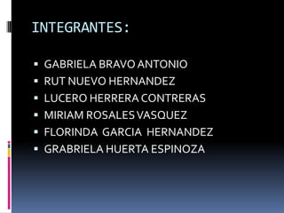 INTEGRANTES:

 GABRIELA BRAVO ANTONIO
 RUT NUEVO HERNANDEZ
 LUCERO HERRERA CONTRERAS
 MIRIAM ROSALES VASQUEZ
 FLORINDA GARCIA HERNANDEZ
 GRABRIELA HUERTA ESPINOZA
 
