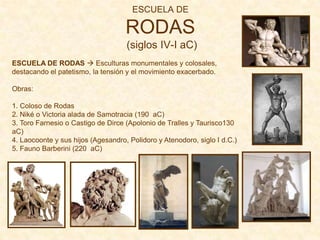 ESCUELA DE

                                    RODAS
                                    (siglos IV-I aC)
ESCUELA DE RODAS  Esculturas monumentales y colosales,
destacando el patetismo, la tensión y el movimiento exacerbado.

Obras:

1. Coloso de Rodas
2. Niké o Victoria alada de Samotracia (190 aC)
3. Toro Farnesio o Castigo de Dirce (Apolonio de Tralles y Taurisco130
aC)
4. Laocoonte y sus hijos (Agesandro, Polidoro y Atenodoro, siglo I d.C.)
5. Fauno Barberini (220 aC)
 