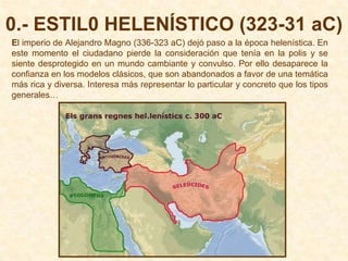 0.- ESTIL0 HELENÍSTICO (323-31 aC)
El imperio de Alejandro Magno (336-323 aC) dejó paso a la época helenística. En
este momento el ciudadano pierde la consideración que tenía en la polis y se
siente desprotegido en un mundo cambiante y convulso. Por ello desaparece la
confianza en los modelos clásicos, que son abandonados a favor de una temática
más rica y diversa. Interesa más representar lo particular y concreto que los tipos
generales…
 