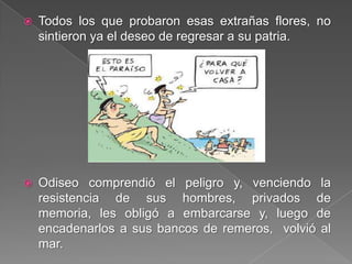  Todos los que probaron esas extrañas flores, no
sintieron ya el deseo de regresar a su patria.
 Odiseo comprendió el peligro y, venciendo la
resistencia de sus hombres, privados de
memoria, les obligó a embarcarse y, luego de
encadenarlos a sus bancos de remeros, volvió al
mar.
 