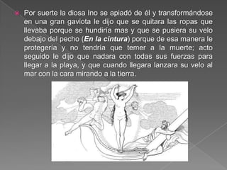  Por suerte la diosa Ino se apiadó de él y transformándose
en una gran gaviota le dijo que se quitara las ropas que
llevaba porque se hundiría mas y que se pusiera su velo
debajo del pecho (En la cintura) porque de esa manera le
protegería y no tendría que temer a la muerte; acto
seguido le dijo que nadara con todas sus fuerzas para
llegar a la playa, y que cuando llegara lanzara su velo al
mar con la cara mirando a la tierra.
 