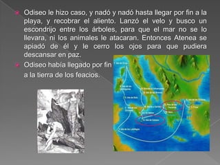  Odiseo le hizo caso, y nadó y nadó hasta llegar por fin a la
playa, y recobrar el aliento. Lanzó el velo y busco un
escondrijo entre los árboles, para que el mar no se lo
llevara, ni los animales le atacaran. Entonces Atenea se
apiadó de él y le cerro los ojos para que pudiera
descansar en paz.
 Odiseo había llegado por fin
a la tierra de los feacios.
 