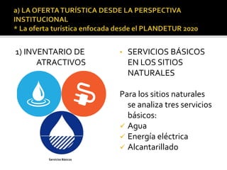 1) INVENTARIO DE
ATRACTIVOS
• SERVICIOS BÁSICOS
EN LOS SITIOS
NATURALES
Para los sitios naturales
se analiza tres servicios
básicos:
 Agua
 Energía eléctrica
 Alcantarillado
Servicios Básicos
 