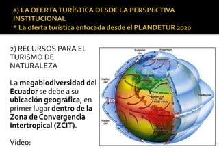 2) RECURSOS PARA EL
TURISMO DE
NATURALEZA
La megabiodiversidad del
Ecuador se debe a su
ubicación geográfica, en
primer lugar dentro de la
Zona de Convergencia
Intertropical (ZCIT).
Video:
 