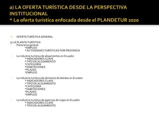  OFERTATURÍSTICA GENERAL
3) LA PLANTATURÍSTICA
• Panorama general
*EMPLEO
* ACTIVIDADESTURÍSTICAS POR PROVINCIA
• La industria turística de alojamientos en Ecuador
* INDICADORES CLAVE
*TIPO DE ALOJAMIENTO
*CATEGORÍA
*HABITACIONES
*PLAZAS
*EMPLEO
• La industria turística de alimentos & bebidas en Ecuador
* INDICADORES CLAVE
*TIPO DE ALOJAMIENTO
*CATEGORÍA
*HABITACIONES
*PLAZAS
*EMPLEO
• La industria turística de agencias de viajes en Ecuador
* INDICADORES CLAVE
*TIPO DE ALOJAMIENTO
 