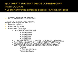  OFERTATURÍSTICAGENERAL
1) INVENTARIO DEATRACTIVOS
• Recurso turístico
• AtractivoTurístico
• AtractivosTurísticos
* DESCRIPCIÓNGENERAL
* Jerarquía IV
* Jerarquía III
* Jerarquía II
* Jerarquía I
* SITIOS NATURALES-MANIFESTACIONESCULTURALES
* ESTADO DE CONSERVACIÓN DE LOSATRACTIVOS
* SERVICIOS BÁSICOS DE LOS SITIOS NATURALES
* Agua
* Energía eléctrica
*Alcantarillado
 